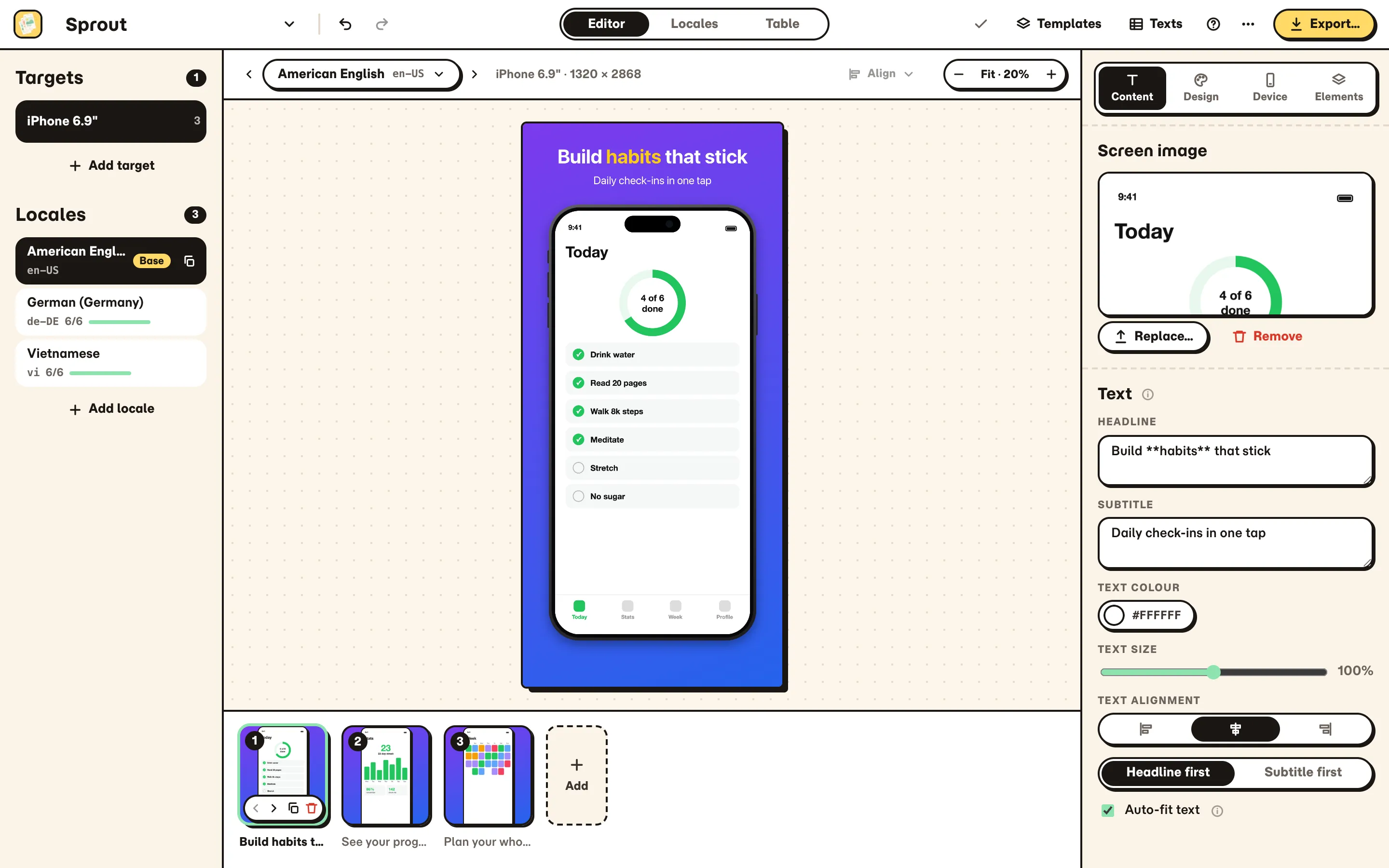 The SnapWright editor with three framed iPhone screenshots, the screenshot filmstrip and the style inspector